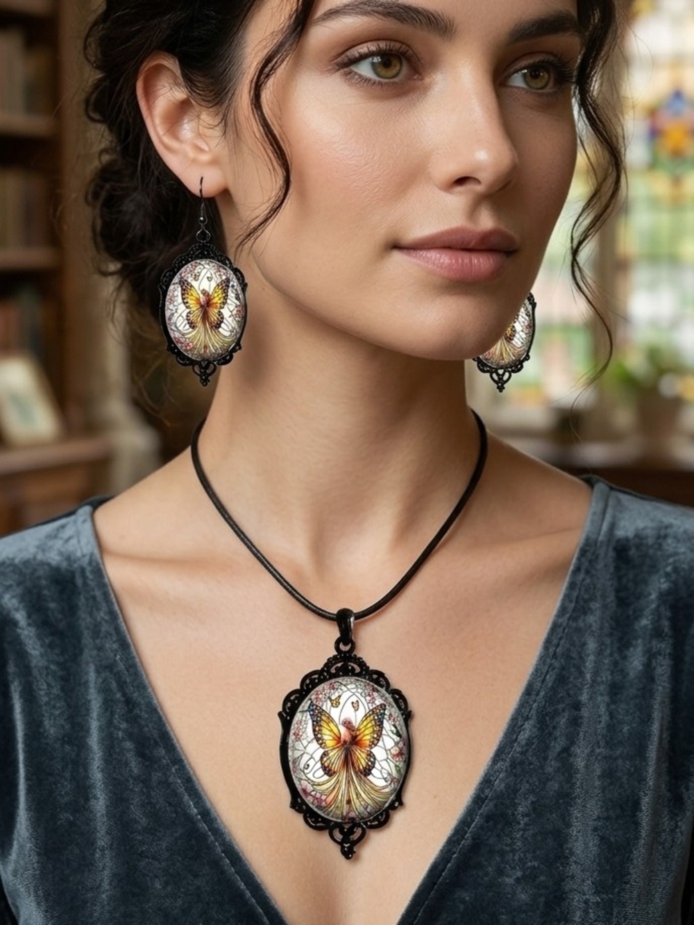 NWOT Stained Glass Yellow Butterfly Fairy Gothic Necklace & Earrings Set